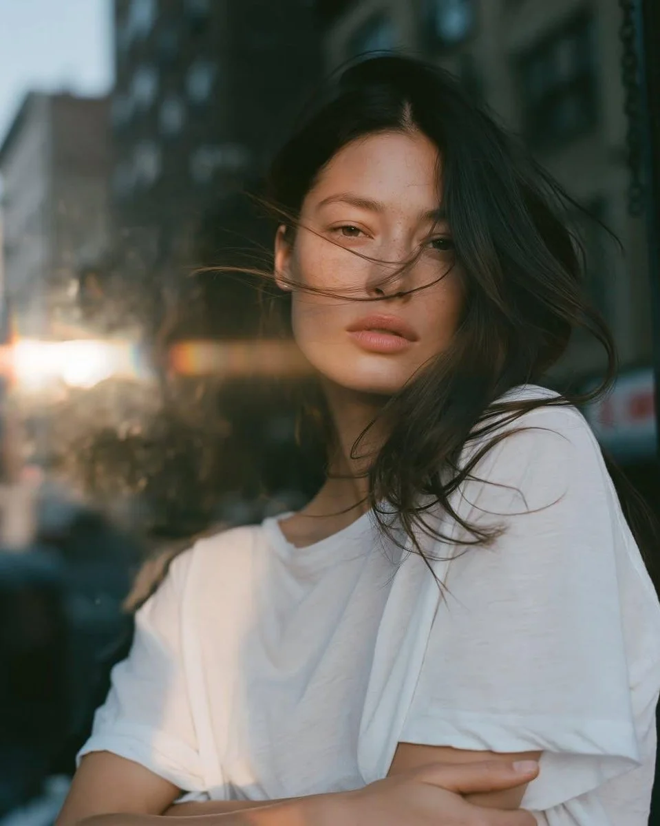 Young woman with wind-blown hair leans by a sunlit urban window