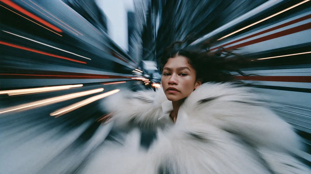 Zendaya's white fur coat glows amid New York's golden hour light trails